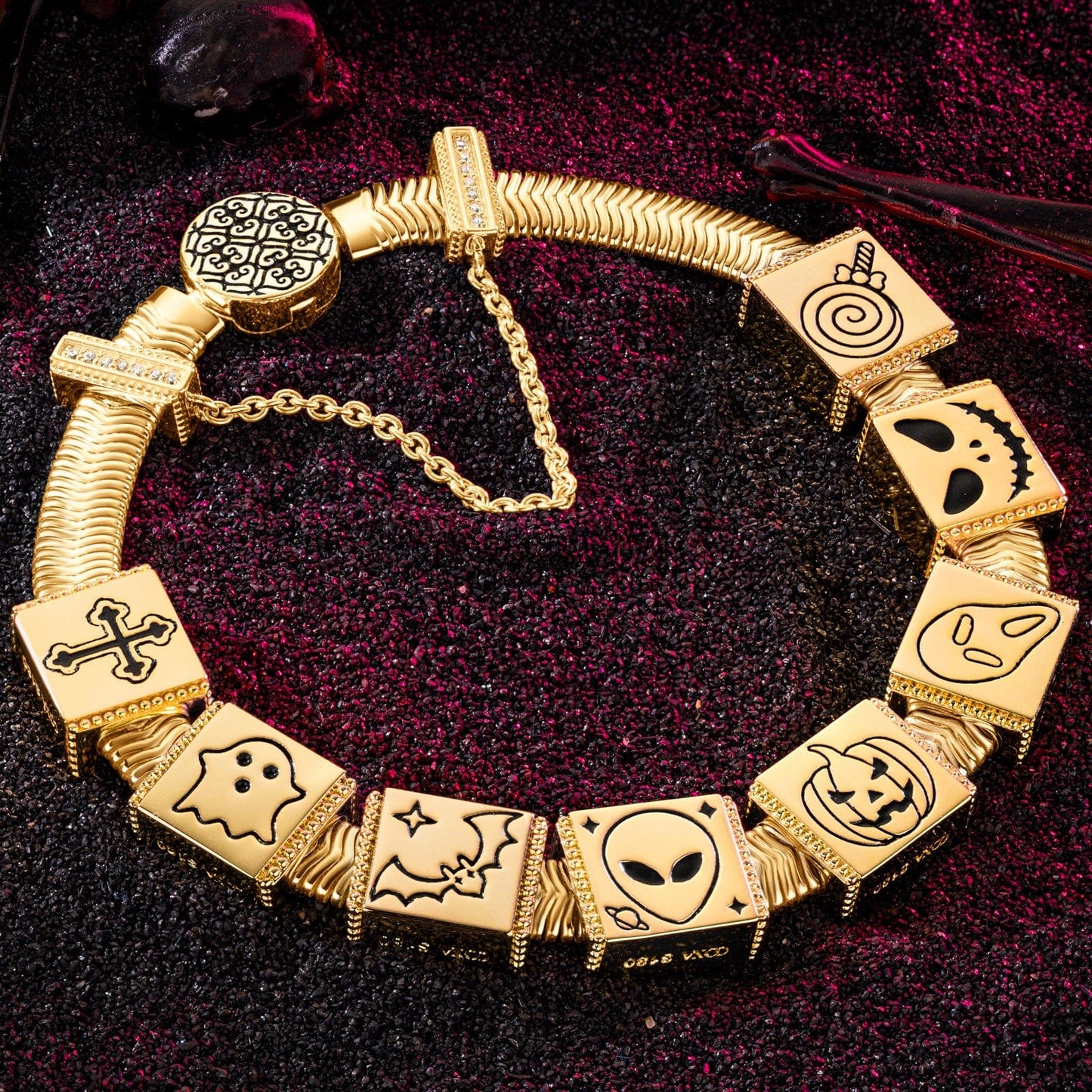 Sterling Silver Halloween Pumpkin Rectangular Charms Bracelet Set With Enamel In 14K Gold Plated