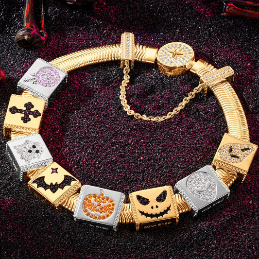 gon- Sterling Silver Halloween Pumpkin Rectangular Charms Bracelet Set With Enamel In 14K Gold Plated (Includes bracelet and all charms shown)