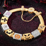 Sterling Silver Halloween Pumpkin Rectangular Charms Bracelet Set With Enamel In 14K Gold Plated (Includes bracelet and all charms shown)