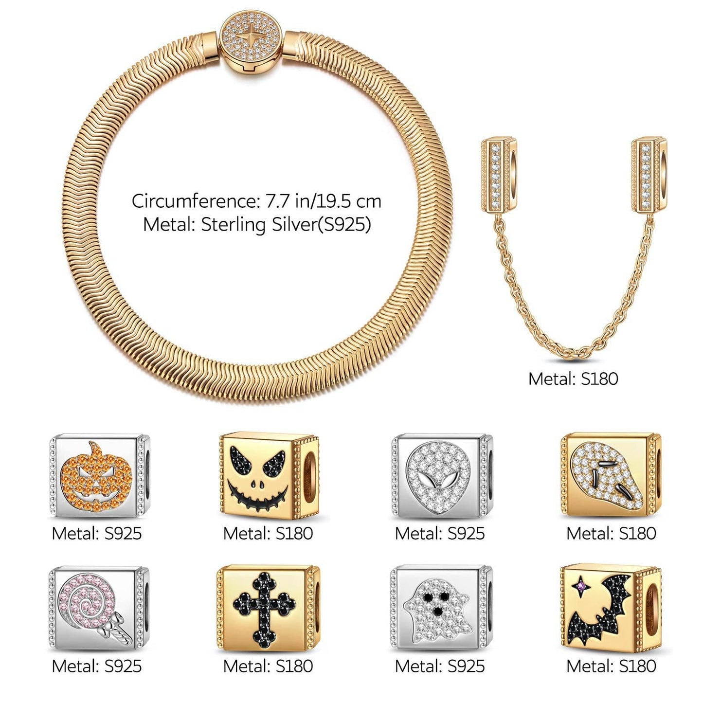 Sterling Silver Halloween Pumpkin Rectangular Charms Bracelet Set With Enamel In 14K Gold Plated (Includes bracelet and all charms shown)