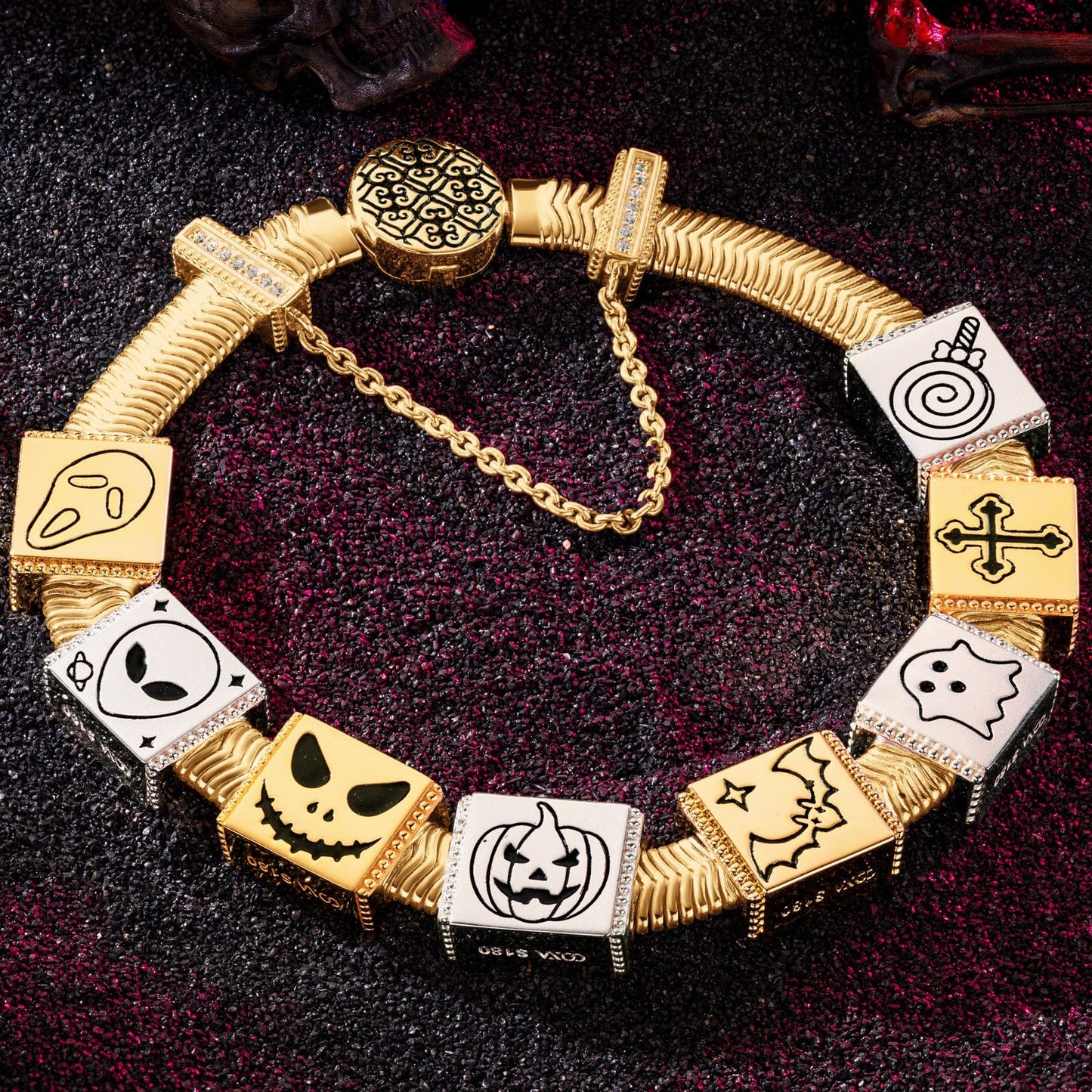 Sterling Silver Halloween Pumpkin Rectangular Charms Bracelet Set With Enamel In 14K Gold Plated (Includes bracelet and all charms shown)