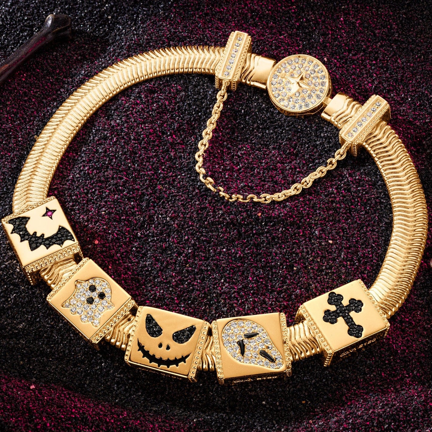 Sterling Silver Halloween Ahriman Rectangular Charms Bracelet Set With Enamel In 14K Gold Plated