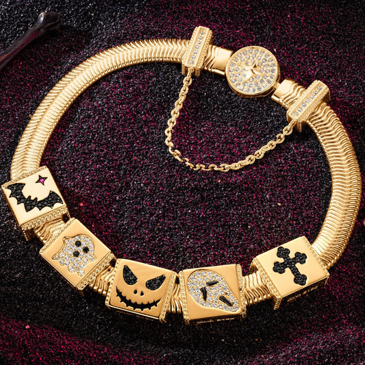 gon- Sterling Silver Halloween Ahriman Rectangular Charms Bracelet Set With Enamel In 14K Gold Plated