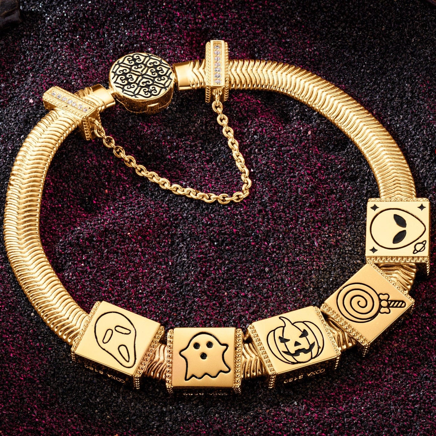 Sterling Silver Halloween Ghost Rectangular Charms Bracelet Set With Enamel In 14K Gold Plated