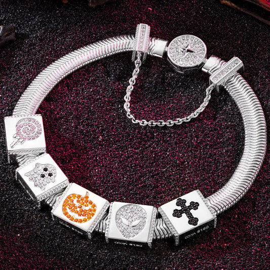 gon- Sterling Silver Halloween Trick Rectangular Charms Bracelet Set With Enamel In White Gold Plated