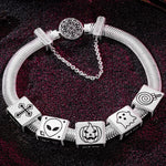Sterling Silver Halloween Trick Rectangular Charms Bracelet Set With Enamel In White Gold Plated