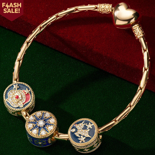 gona- Sterling Silver Snowy Santa Charms Bracelet Set With Enamel In 14K Gold Plated (Includes bracelet and all charms shown)