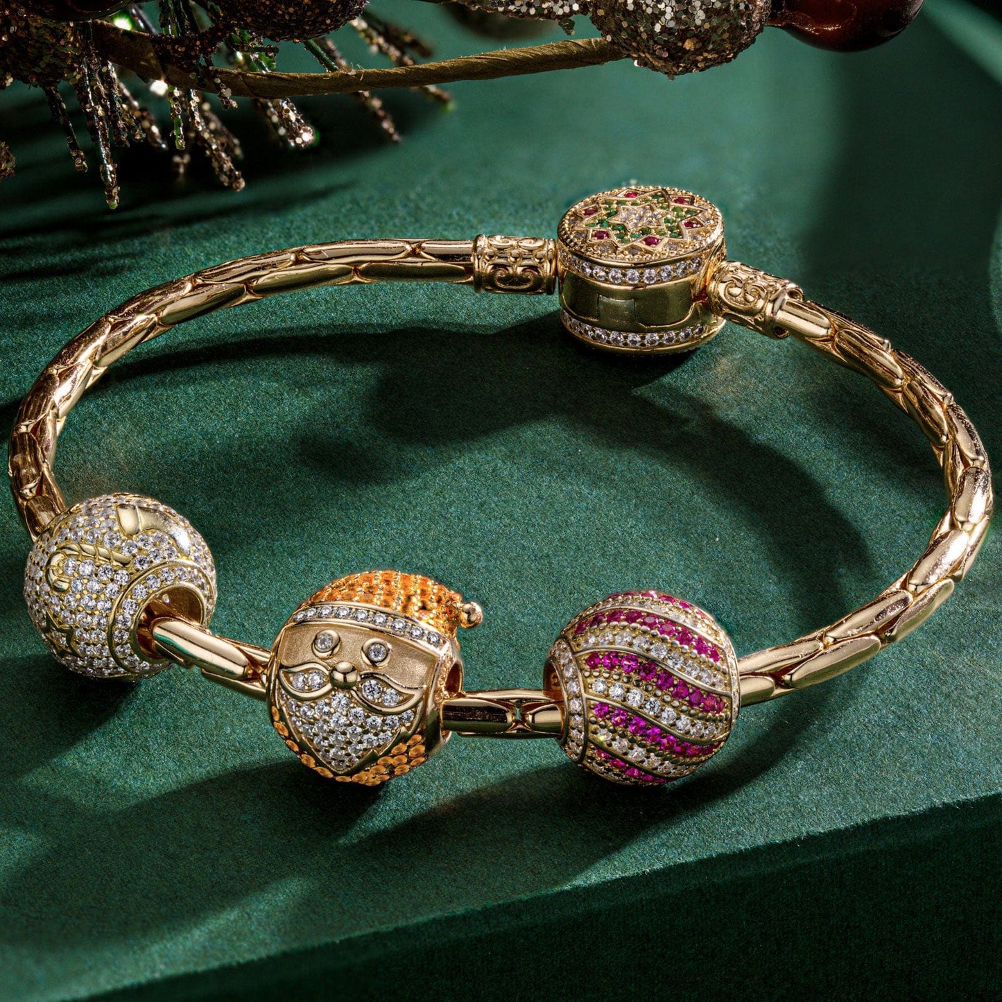 Sterling Silver Santa's Presents Charms Bracelet Set In 14K Gold Plated