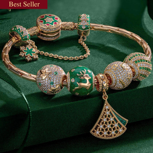 gona- Cyber Monday Limited Special - Sterling Silver Snowflakes and Reindeer Charms Bracelet Set With Enamel In 14K Gold Plated (Includes bracelet and all charms shown)