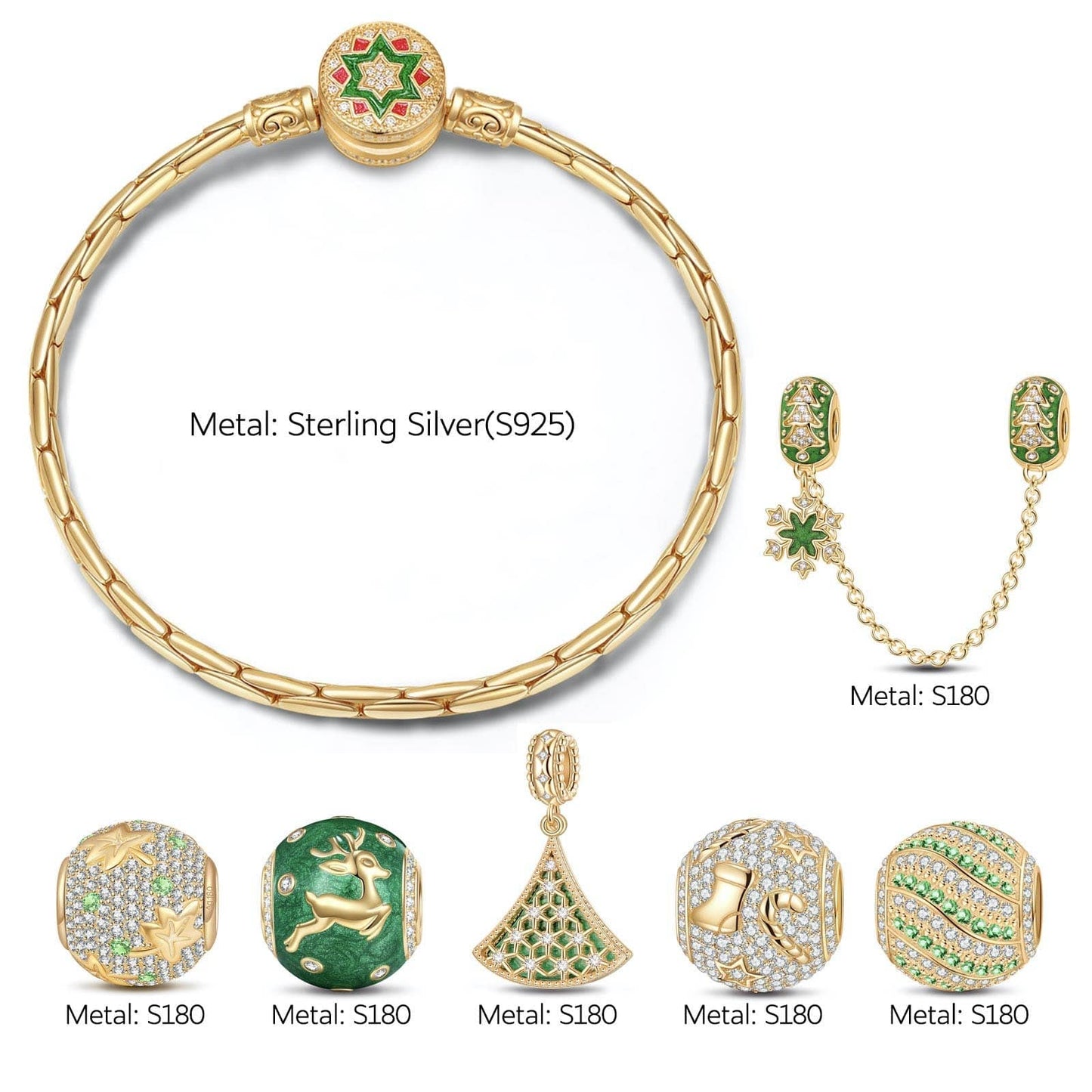 Cyber Monday Limited Special - Sterling Silver Snowflakes and Reindeer Charms Bracelet Set With Enamel In 14K Gold Plated (Includes bracelet and all charms shown)