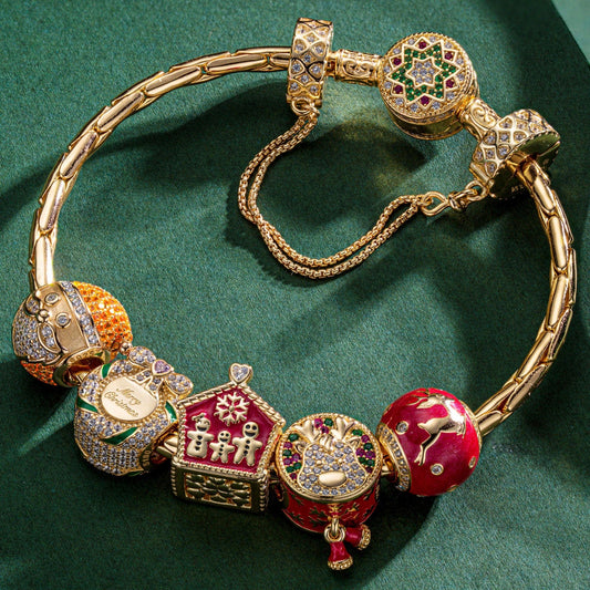 gon- Sterling Silver Santa's Workshop Charms Bracelet Set With Enamel In 14K Gold Plated