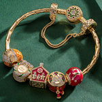 Sterling Silver Santa's Workshop Charms Bracelet Set With Enamel In 14K Gold Plated