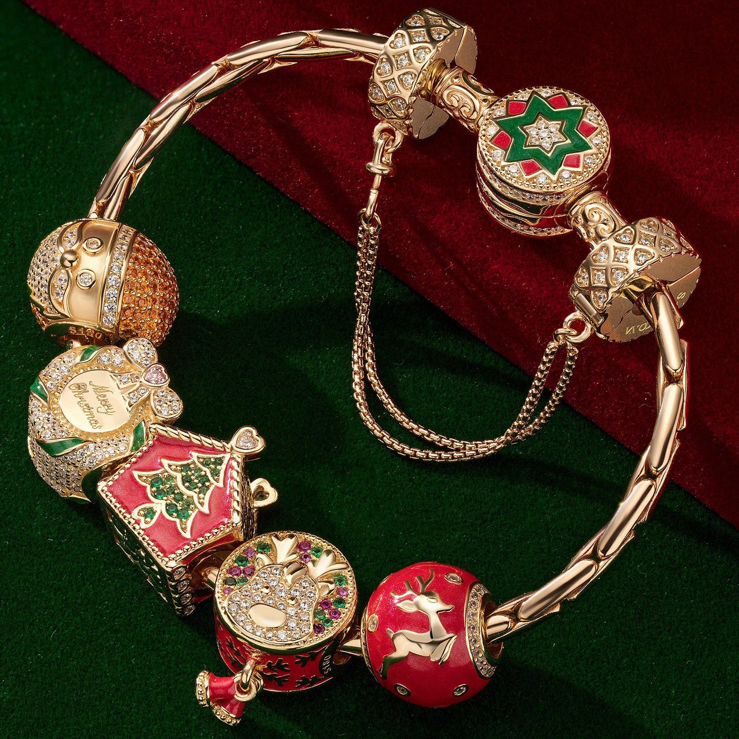 Sterling Silver Santa's Workshop Charms Bracelet Set With Enamel In 14K Gold Plated