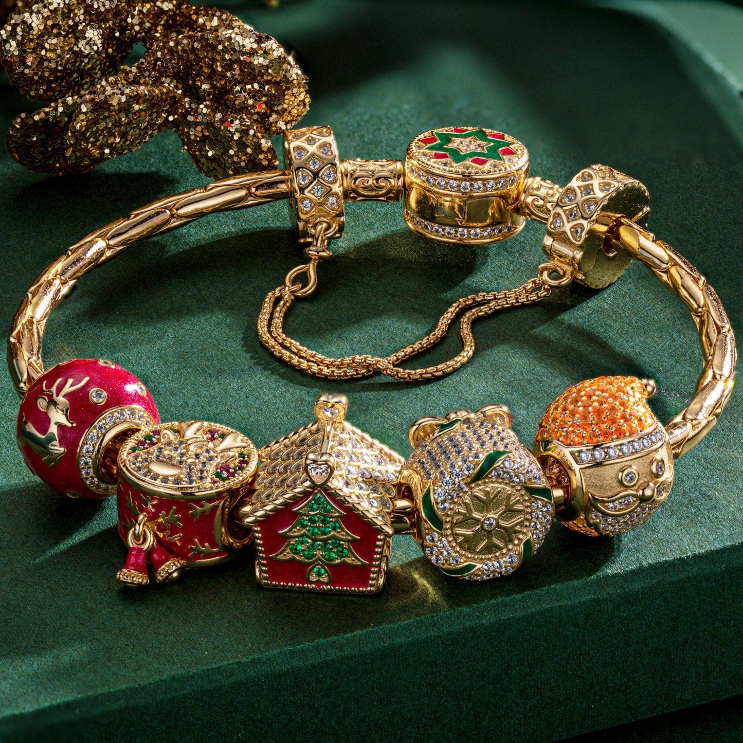 Sterling Silver Santa's Workshop Charms Bracelet Set With Enamel In 14K Gold Plated
