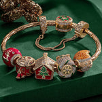 Sterling Silver Santa's Workshop Charms Bracelet Set With Enamel In 14K Gold Plated