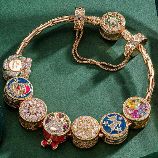 gon- Sterling Silver Jolly Christmas Charms Bracelet Set With Enamel In 14K Gold Plated