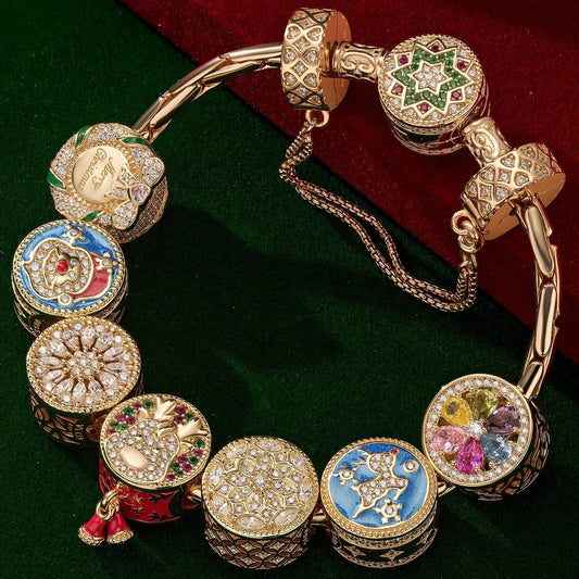 gona- Sterling Silver Jolly Christmas Charms Bracelet Set With Enamel In 14K Gold Plated (Includes bracelet and all charms shown)
