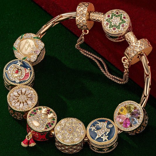 gona- Sterling Silver Jolly Christmas Charms Bracelet Set With Enamel In 14K Gold Plated (Includes bracelet and all charms shown)