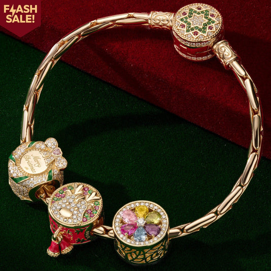 gona- Sterling Silver Christmas Reindeer Charms Bracelet Set With Enamel In 14K Gold Plated (Includes bracelet and all charms shown)