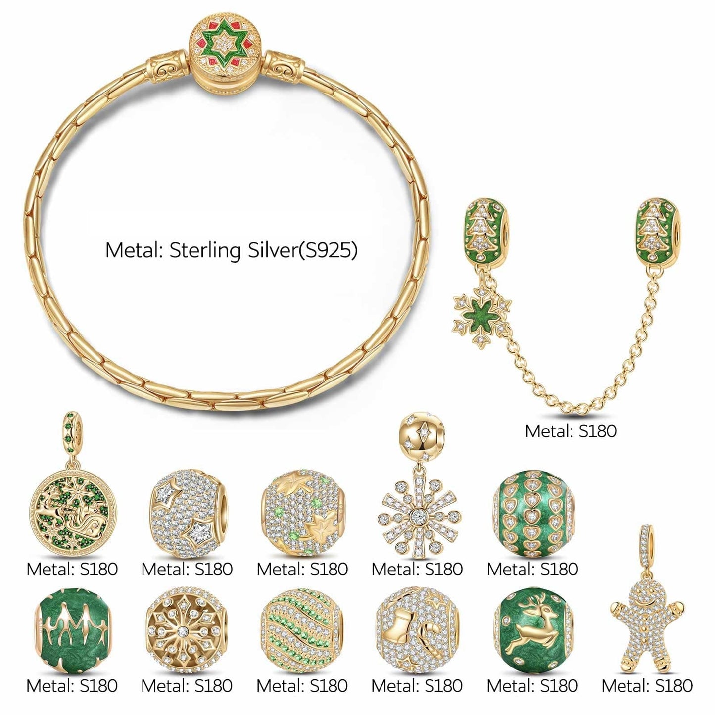 Sterling Silver Snowy landscapes Charms Bracelet Set With Enamel In 14K Gold Plated (Includes bracelet and all charms shown)