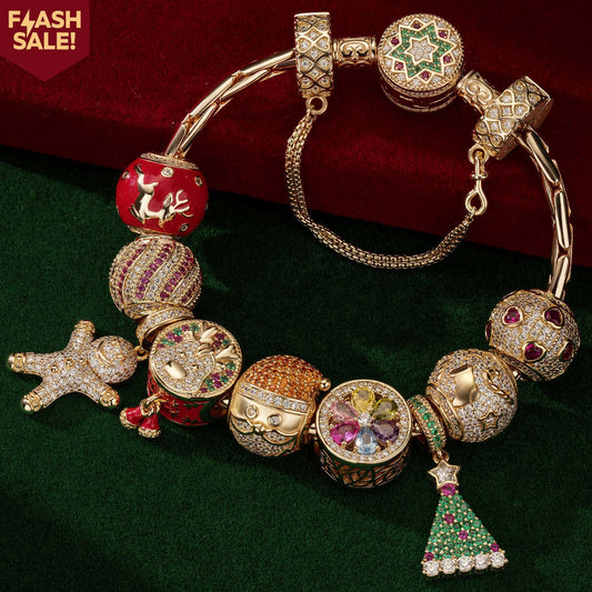 gon- Cyber Monday Limited Special - Sterling Silver Festive Feasts Charms Bracelet Set With Enamel In 14K Gold Plated (Includes bracelet and all charms shown)