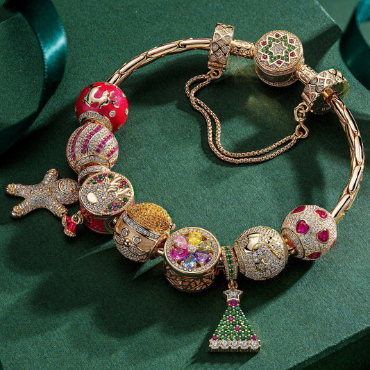 gon- Sterling Silver Festive Feasts Charms Bracelet Set With Enamel In 14K Gold Plated