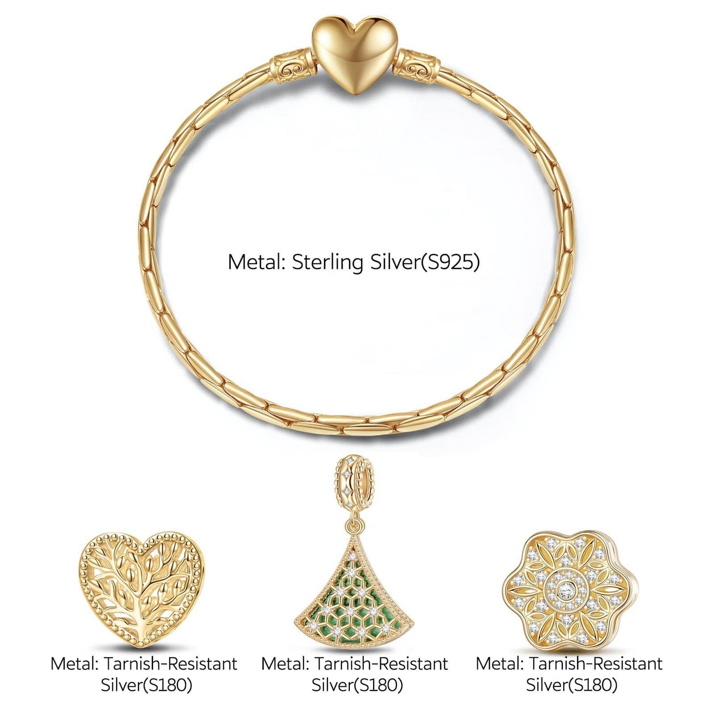 Sterling Silver Festival Tree Charms Bracelet Set With Enamel In 14K Gold Plated (Includes bracelet and all charms shown)