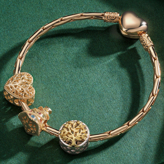 gona- Sterling Silver Tree of Life and Jingle Bells Charms Bracelet Set In 14K Gold Plated (Includes bracelet and all charms shown)