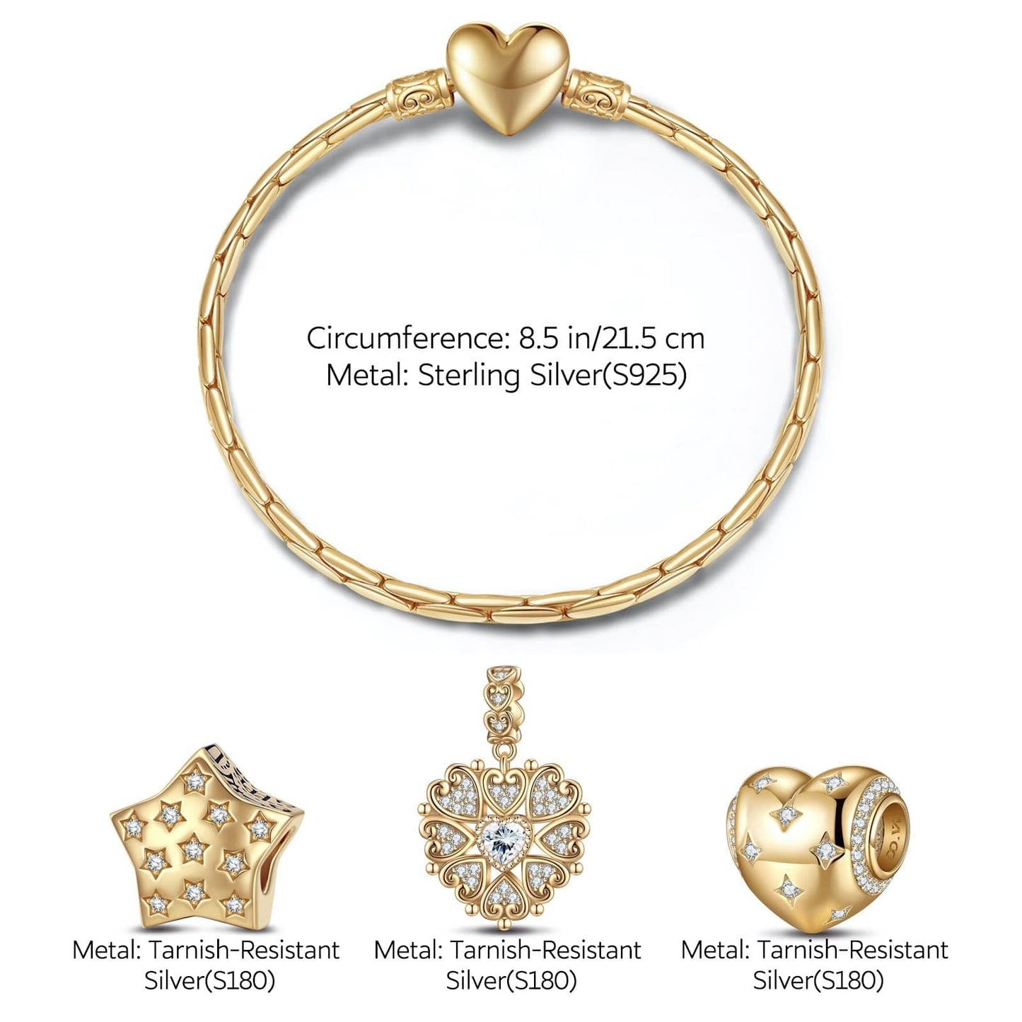 Sterling Silver Starlight Love Charms Bracelet Set In 14K Gold Plated (Includes bracelet and all charms shown)