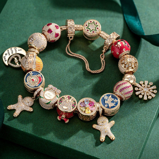 gon- Sterling Silver Winter Wonderland Wishes Charms Bracelet Set With Enamel In 14K Gold Plated