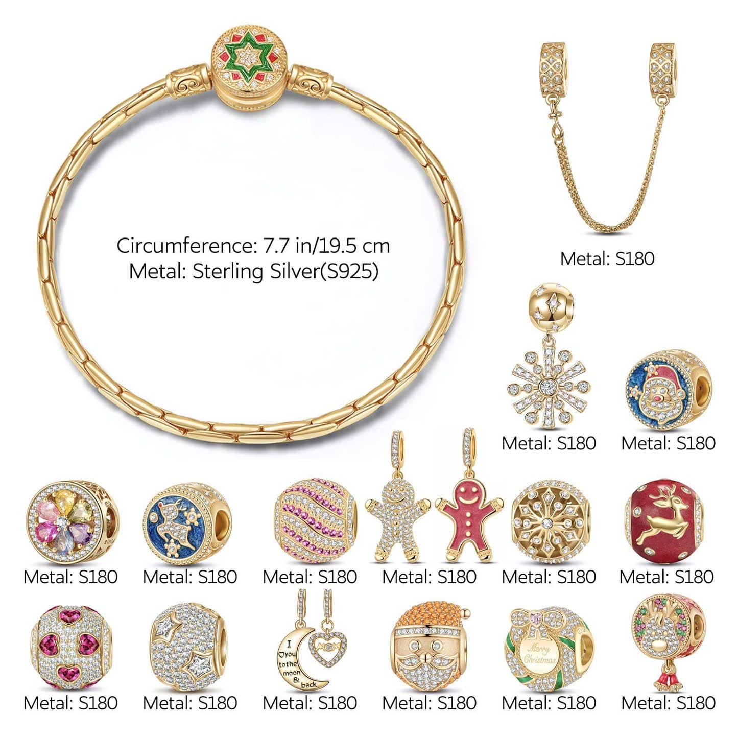 Limited Flash Sale - Sterling Silver Winter Wonderland Wishes Charms Bracelet Set With Enamel In 14K Gold Plated (Includes bracelet and all charms shown)