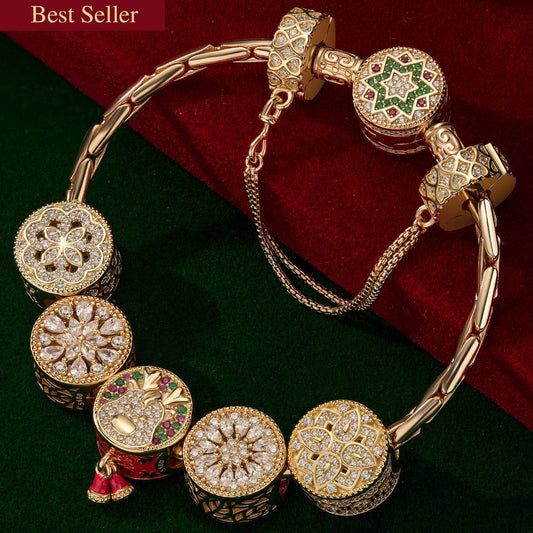 gon- Sterling Silver Snowflake Wonderland Charms Bracelet Set In 14K Gold Plated