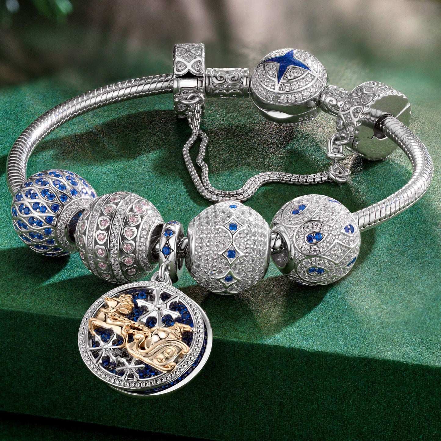 Sterling Silver Icy Shimmer Charms Bracelet Set With Enamel In White Gold Plated (Includes bracelet and all charms shown)