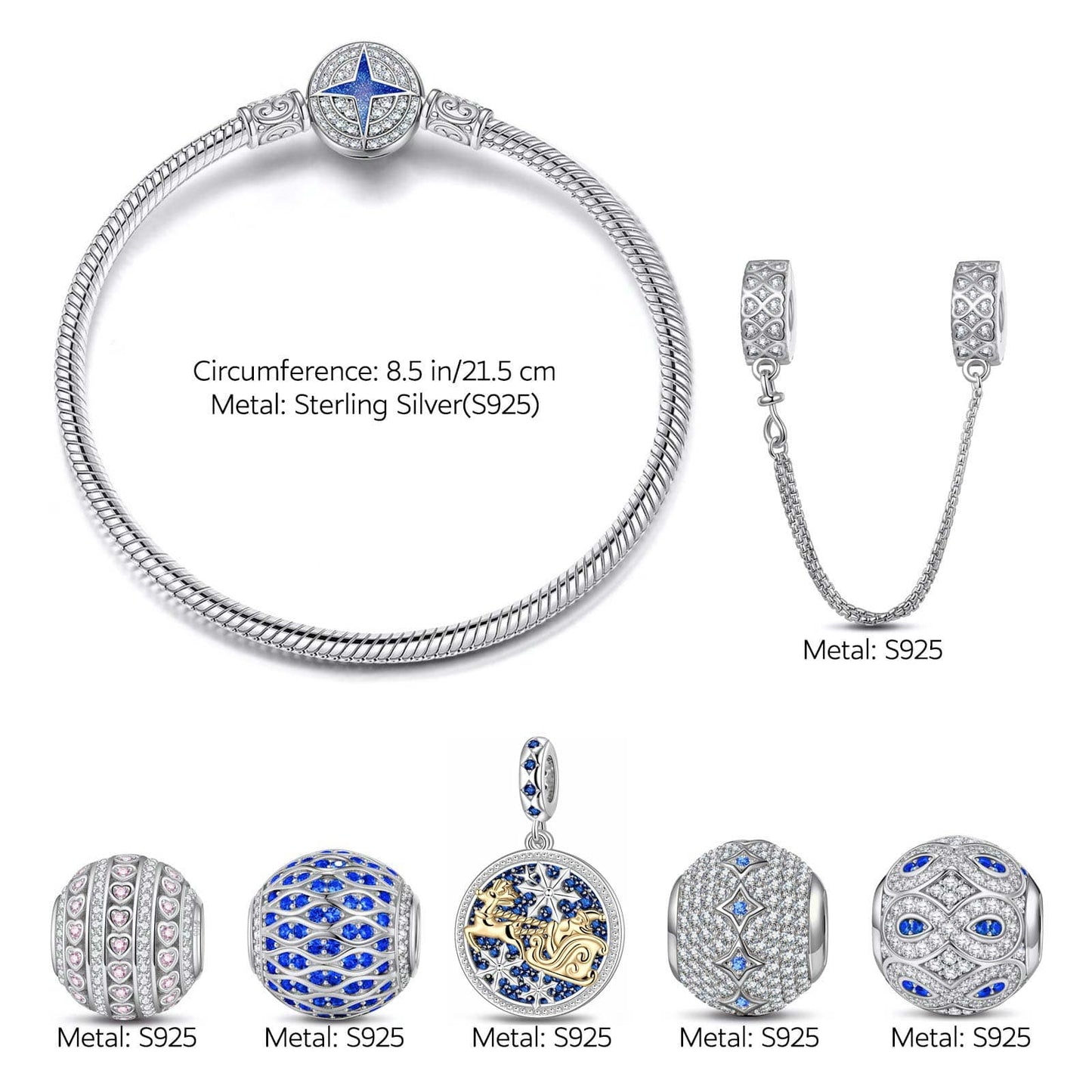 Sterling Silver Icy Shimmer Charms Bracelet Set With Enamel In White Gold Plated (Includes bracelet and all charms shown)