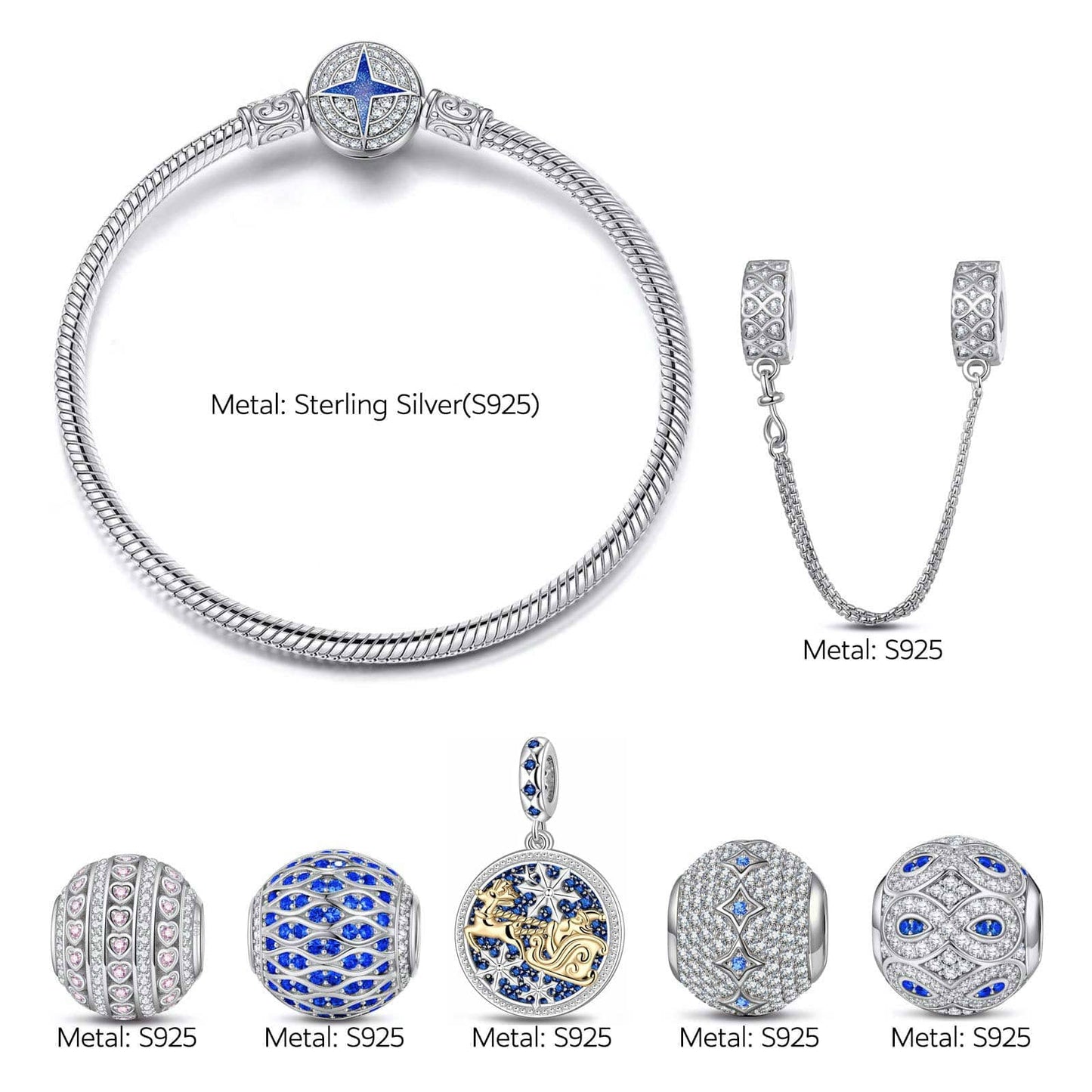 Sterling Silver Icy Shimmer Charms Bracelet Set With Enamel In White Gold Plated (Includes bracelet and all charms shown)