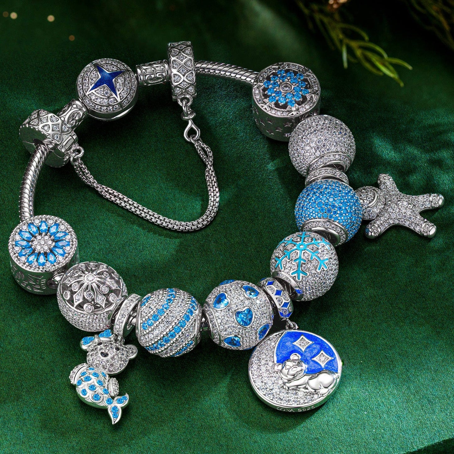 Sterling Silver Snowy Bliss Charms Bracelet Set With Enamel In White Gold Plated (Includes bracelet and all charms shown)