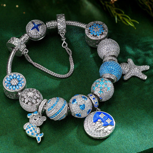 gon- Sterling Silver Snowy Bliss Charms Bracelet Set With Enamel In White Gold Plated (Includes bracelet and all charms shown)