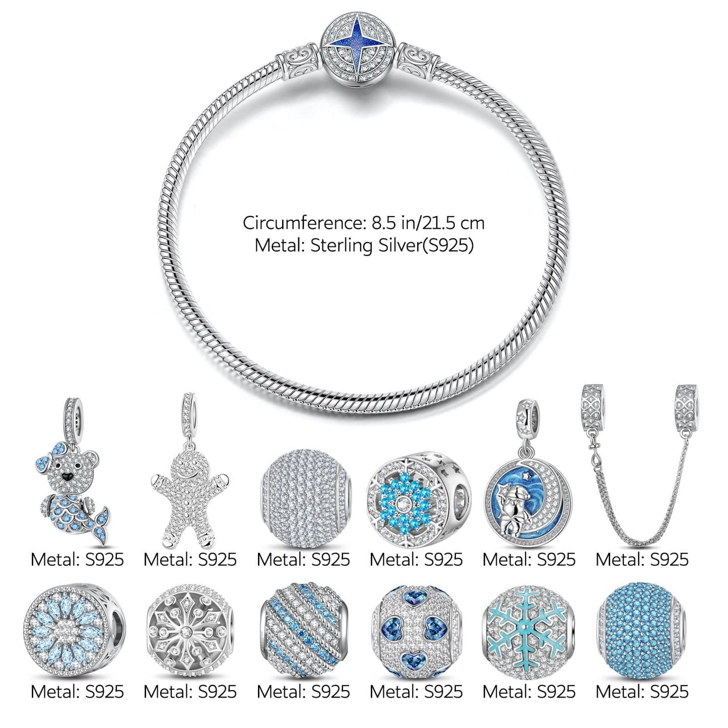 Sterling Silver Snowy Bliss Charms Bracelet Set With Enamel In White Gold Plated (Includes bracelet and all charms shown)