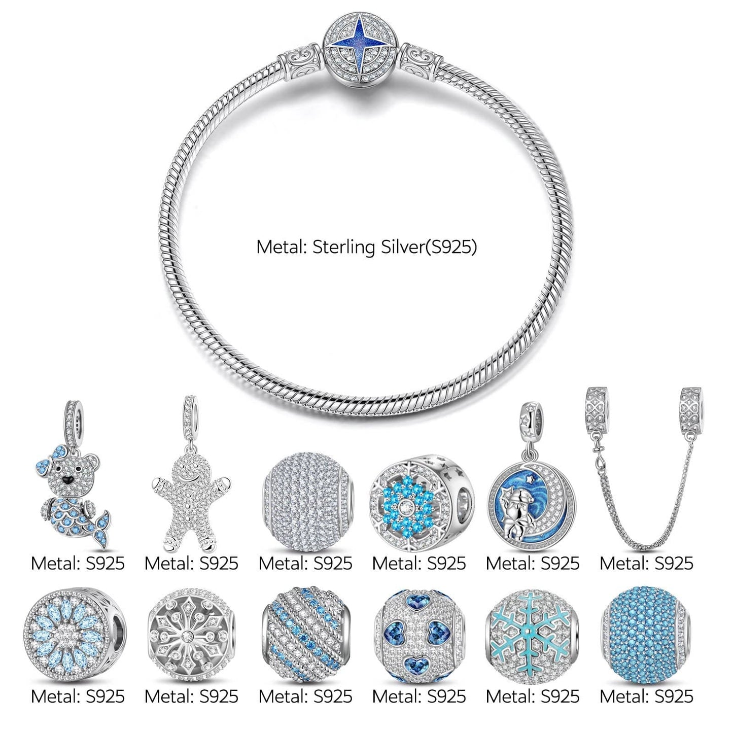 Sterling Silver Snowy Bliss Charms Bracelet Set With Enamel In White Gold Plated (Includes bracelet and all charms shown)