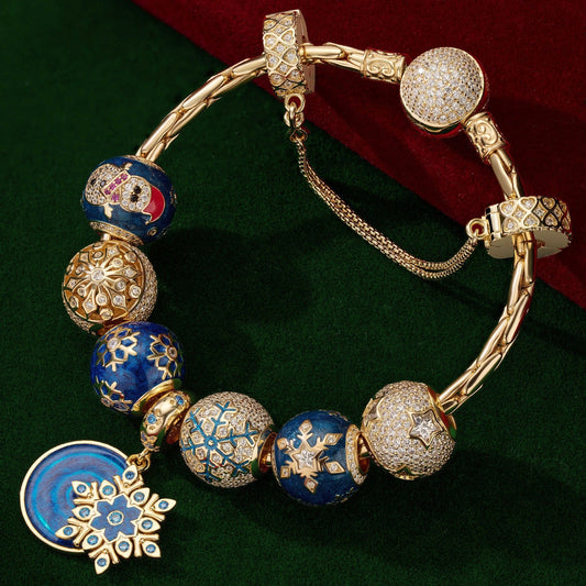 gona- Sterling Silver Snowflake Dreams Charms Bracelet Set With Enamel In 14K Gold Plated (Includes bracelet and all charms shown)