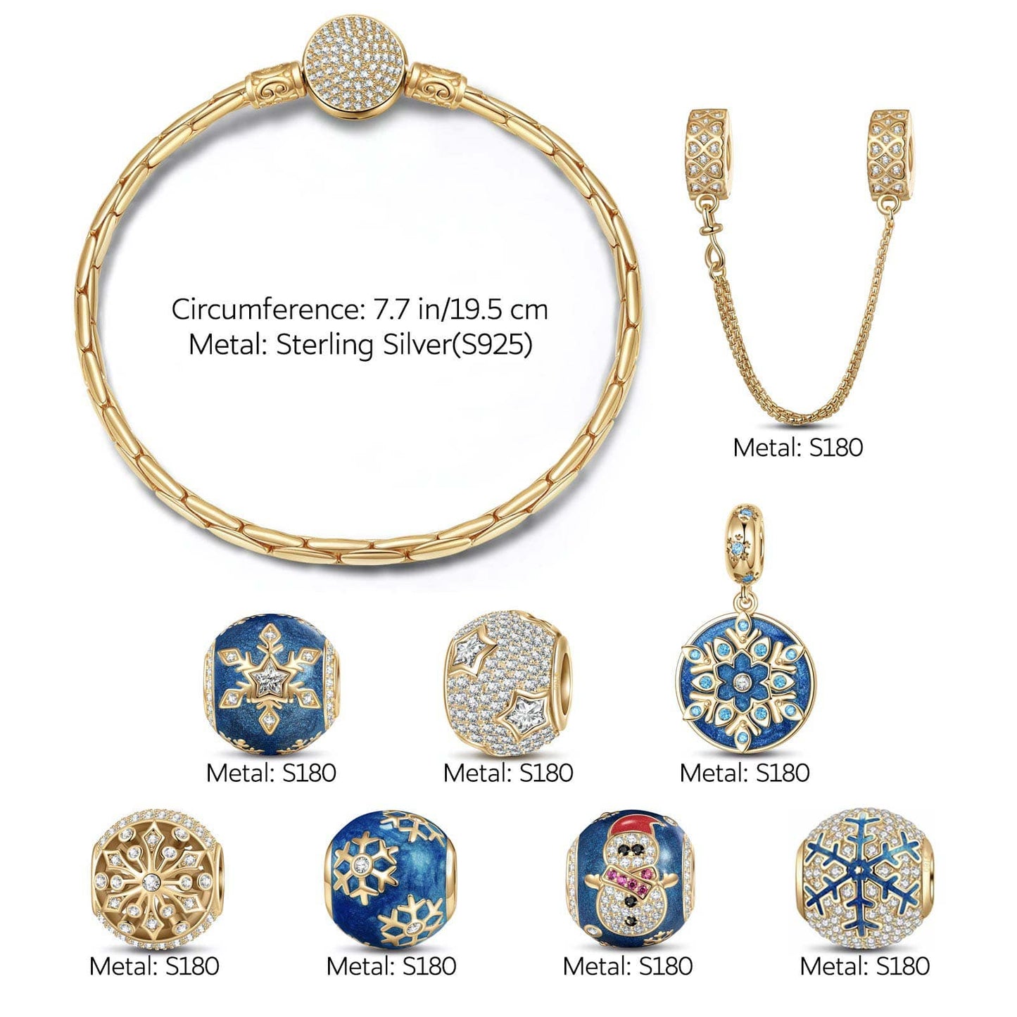 Sterling Silver Snowflake Dreams Charms Bracelet Set With Enamel In 14K Gold Plated (Includes bracelet and all charms shown)