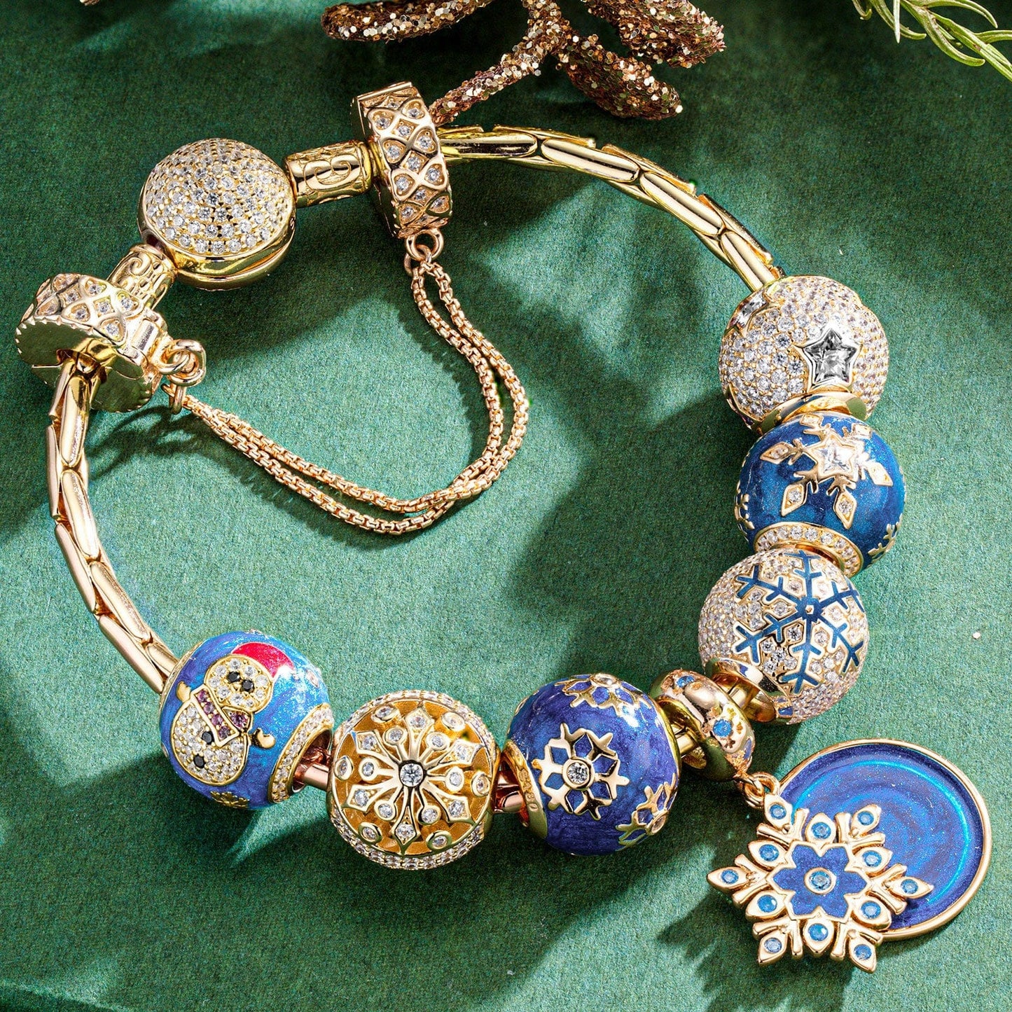 Sterling Silver Snowflake Dreams Charms Bracelet Set With Enamel In 14K Gold Plated