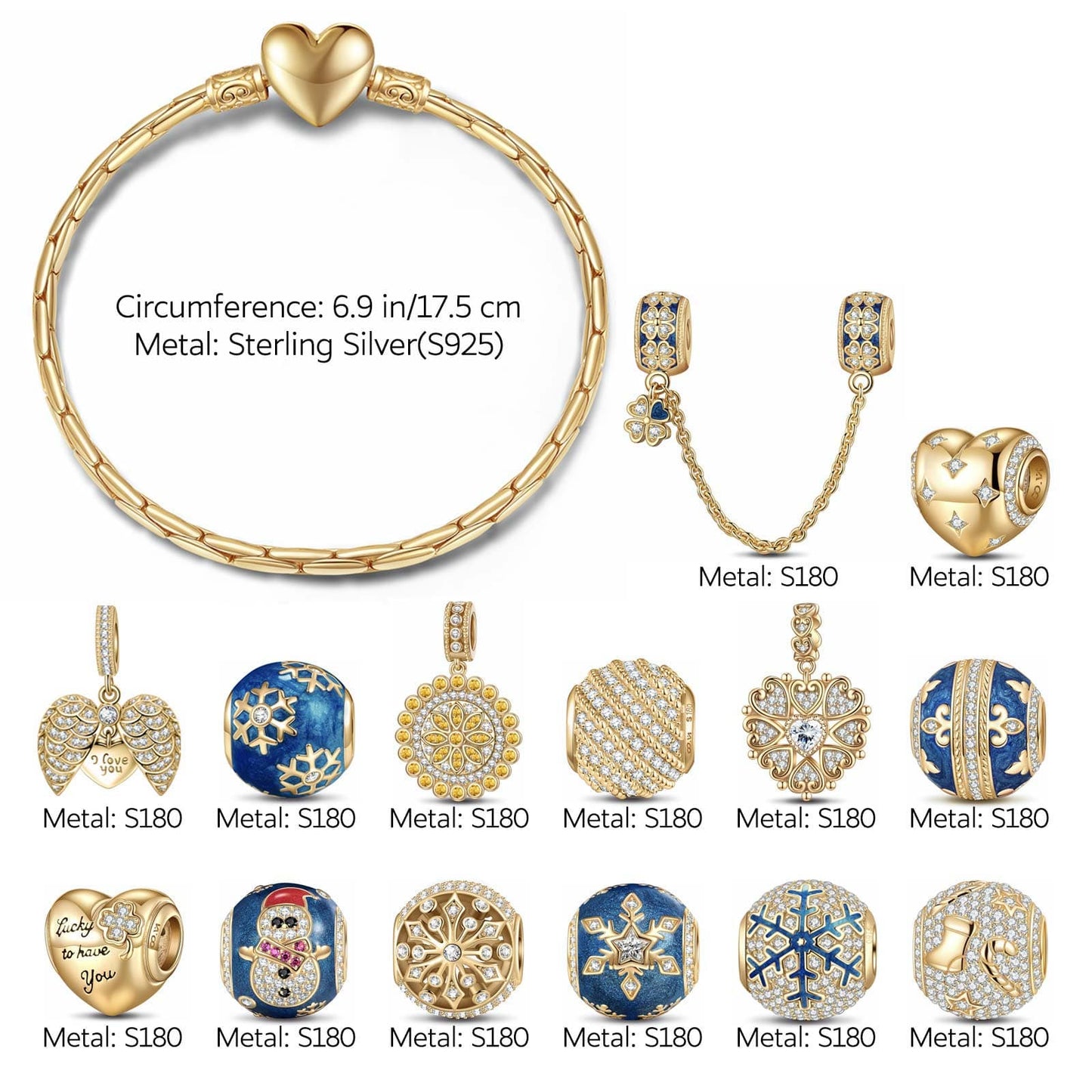 Sterling Silver Snow Queen's Benediction Charms Bracelet Set With Enamel In 14K Gold Plated