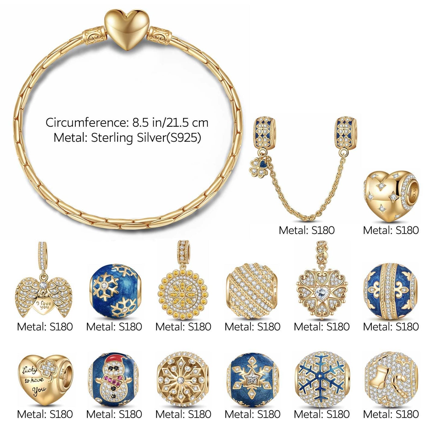 Flash Sale: Sterling Silver Snow Queen's Benediction Charms Bracelet Set With Enamel In 14K Gold Plated (Includes bracelet and all charms shown)