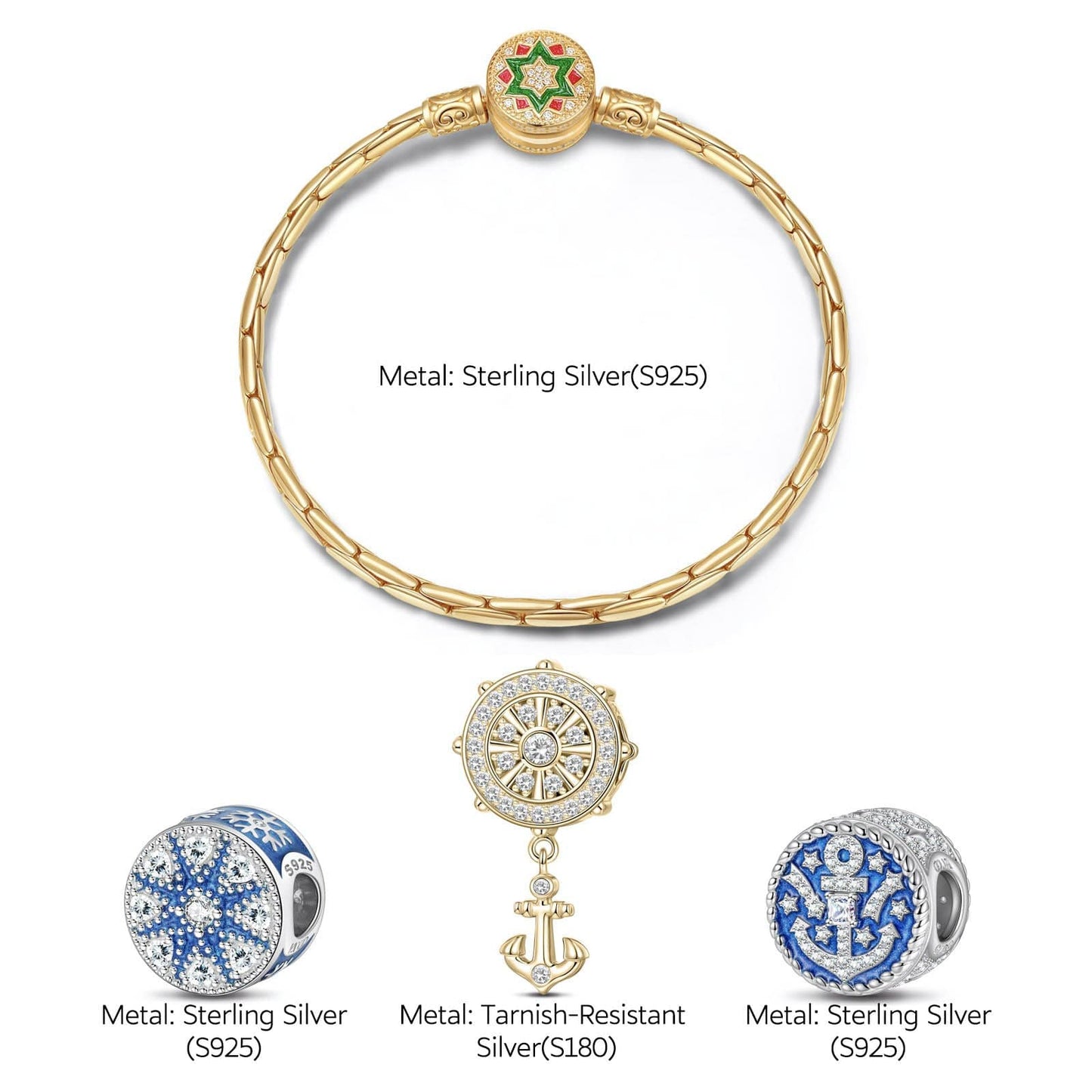 Sterling Silver Iceworld Crossing Charms Bracelet Set With Enamel In 14K Gold Plated (Includes bracelet and all charms shown)