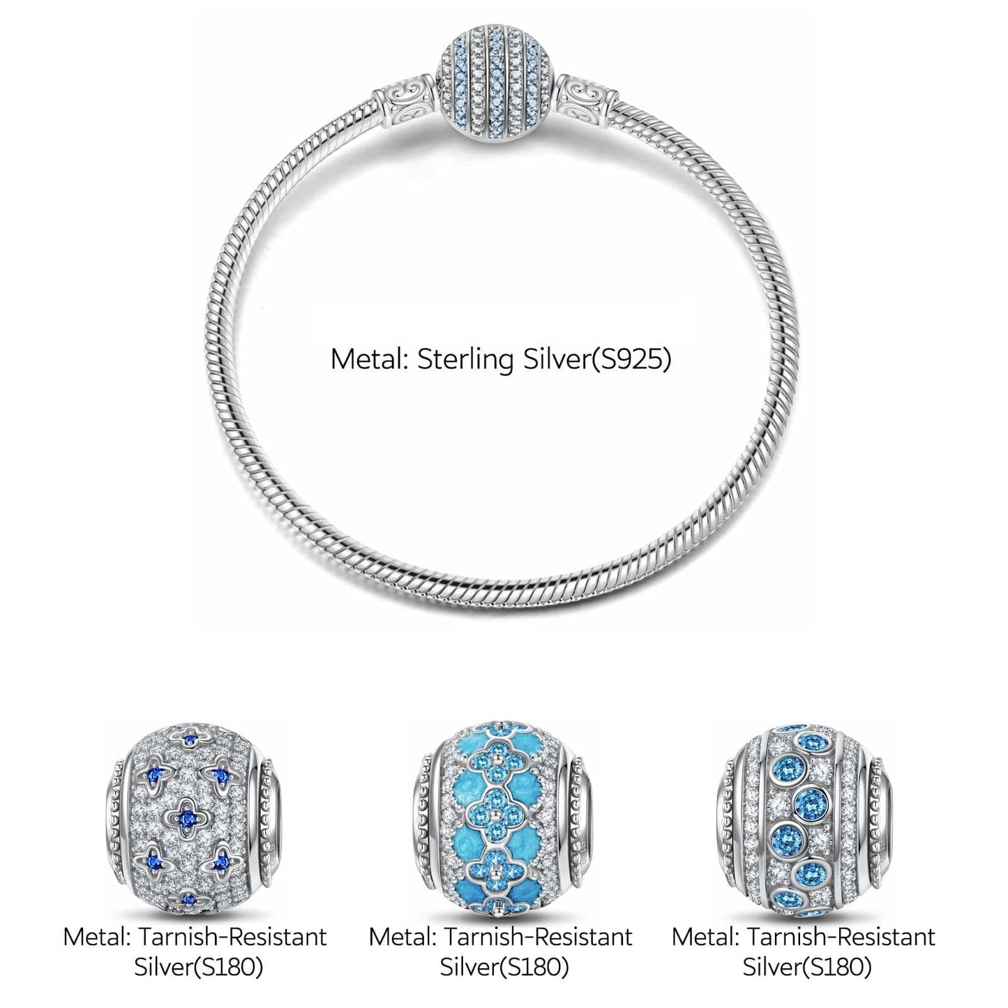 Sterling Silver Lucky Aura Charms Bracelet Set With Enamel In White Gold Plated (Includes bracelet and all charms shown)