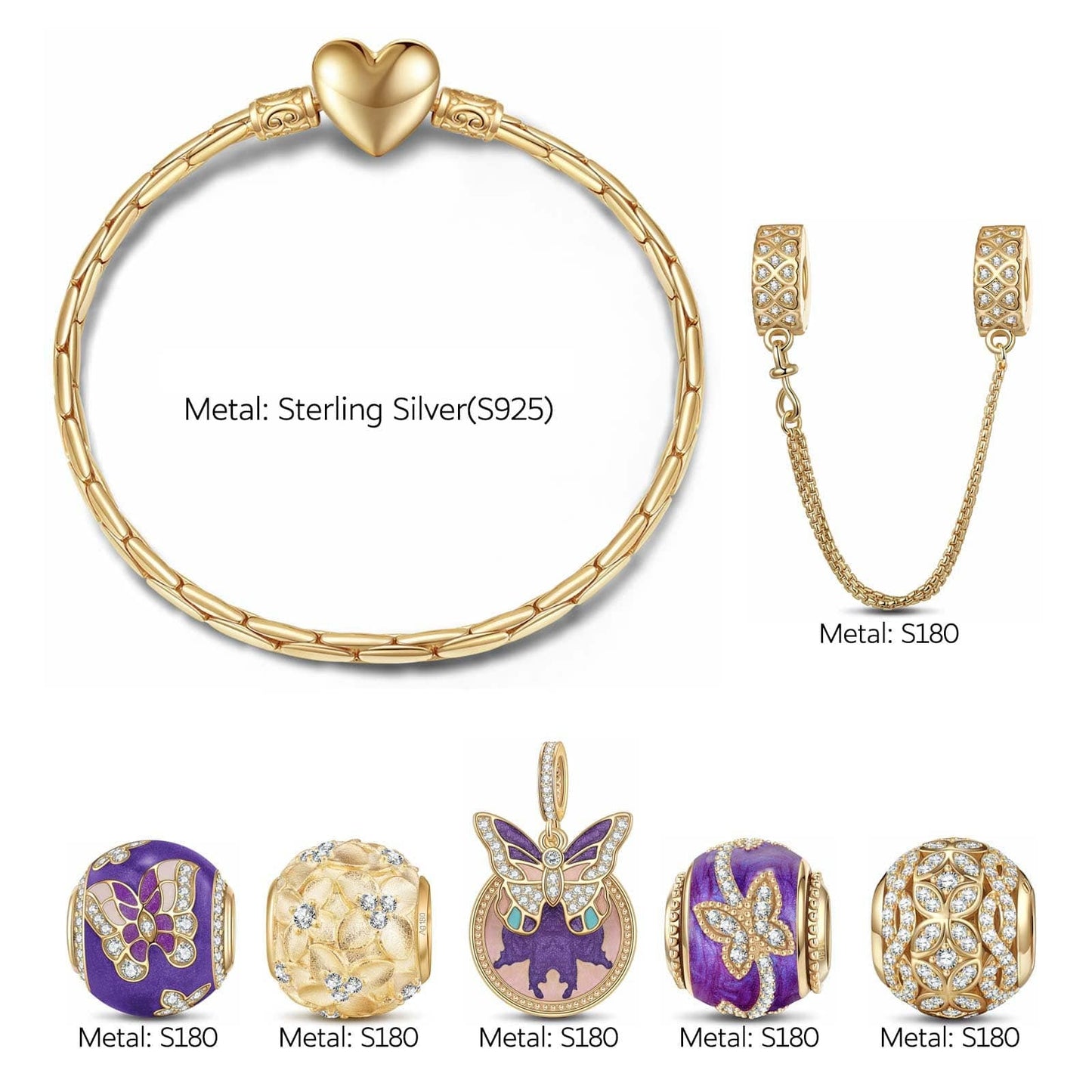 Sterling Silver Whispering Flower Dreams Charms Bracelet Set With Enamel In 14K Gold Plated (Includes bracelet and all charms shown)