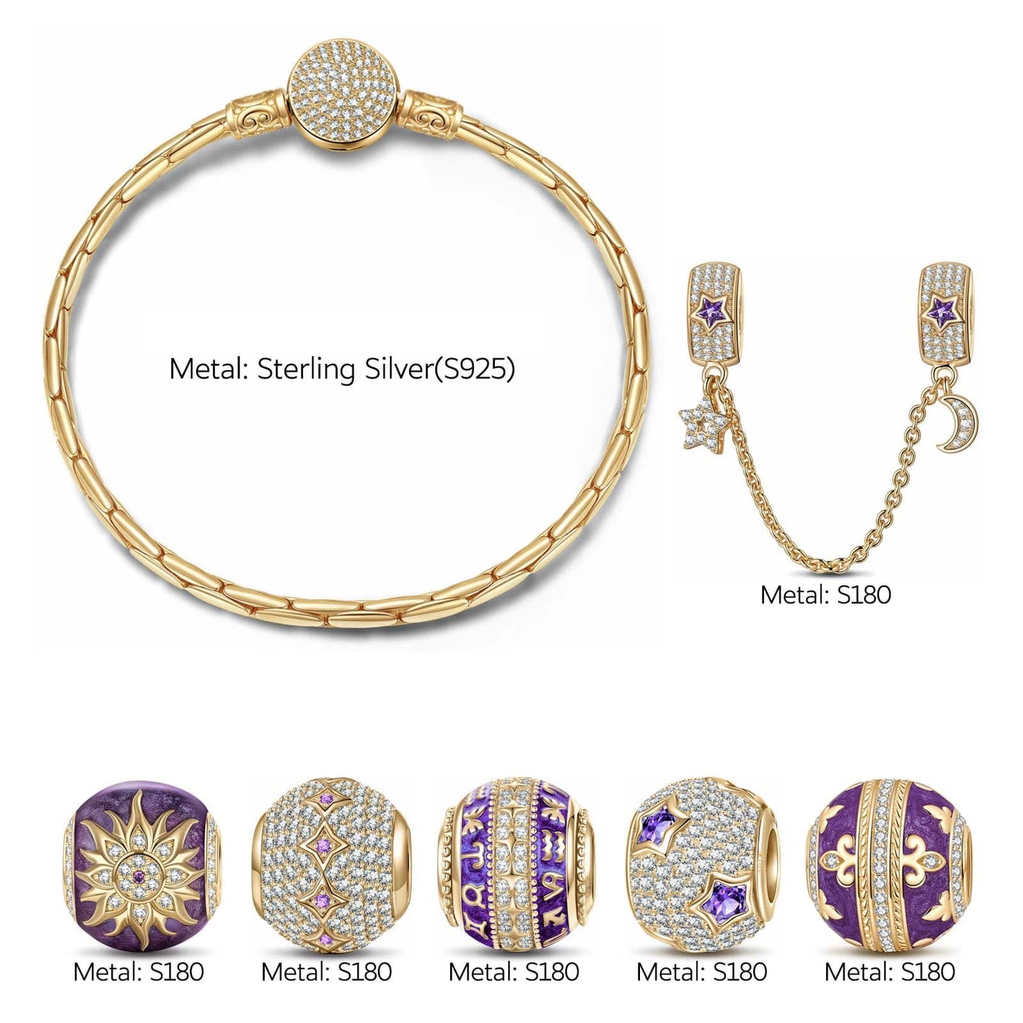 Sterling Silver Fate's Favor Charms Bracelet Set With Enamel In 14K Gold Plated (Includes bracelet and all charms shown)