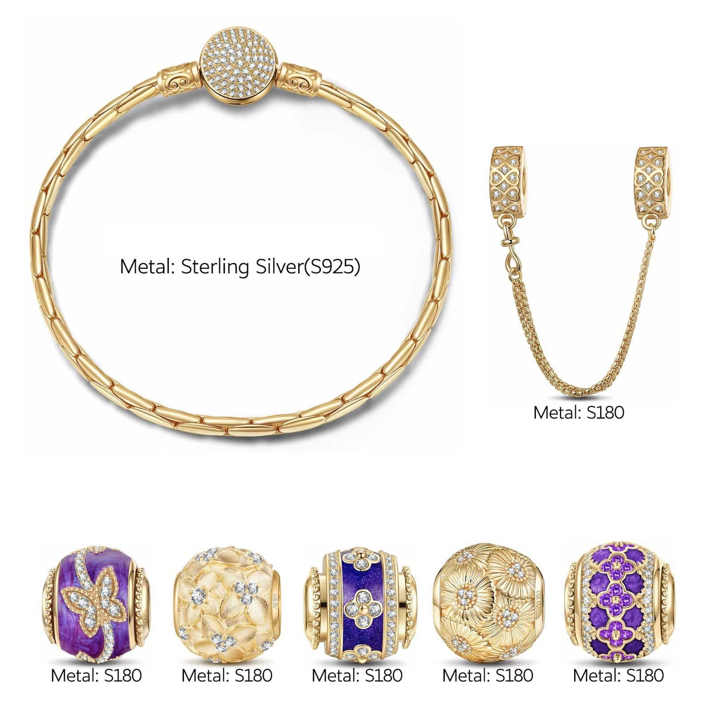 Sterling Silver Enchanting Floral Paradise Charms Bracelet Set With Enamel In 14K Gold Plated (Includes bracelet and all charms shown)