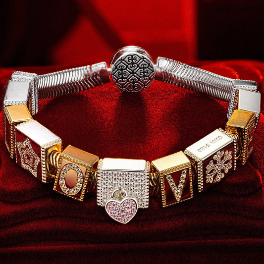 gon- Sterling Silver Whispers Love Rectangular Charms Bracelet Set, Featuring Dual Plating in 14K Gold and White Gold